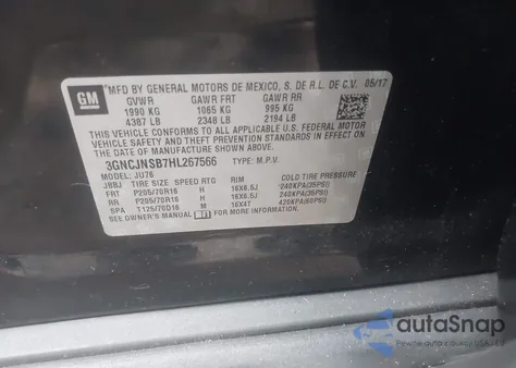 2017 Chevrolet Trax Ls z USA, uszkodzony, nr VIN 3GNCJNSB7HL267566